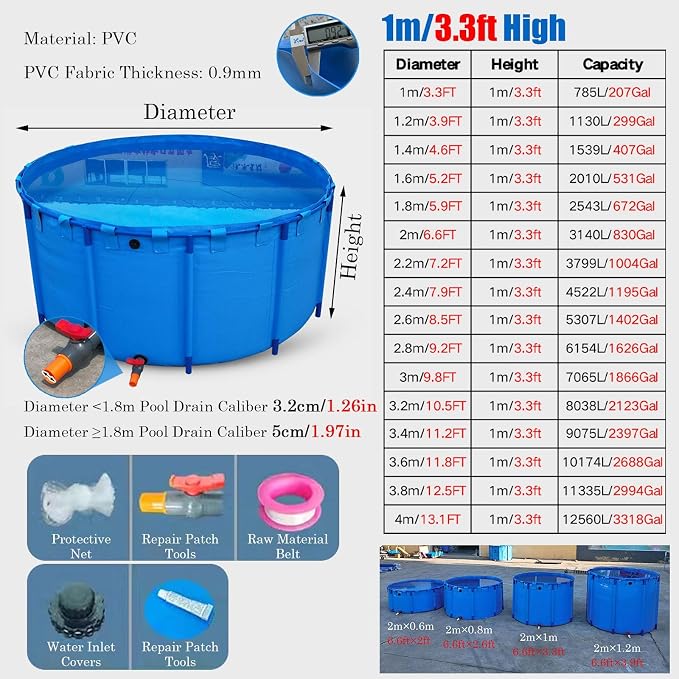 2/ 2.6/ 3.3/ 4 Foot Deep Round Frame Above Ground Swimming Pool Set, Heavy Duty Backyard Family Swimming Pool Outdoor with Repair Patch, Hard Plastic Pools/Bathing Tub(8038L/2123GAL - 3.2X1M (D X H))