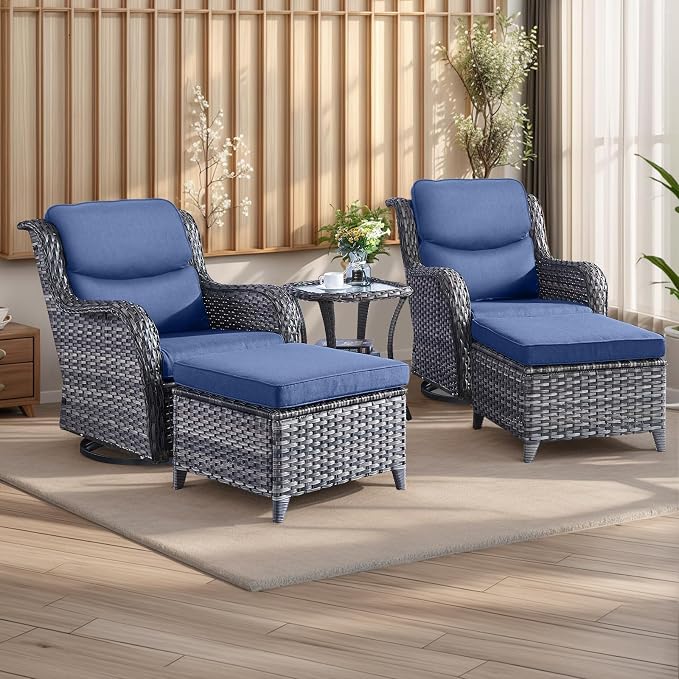 Rilyson Wicker Patio Furniture Set - 5 Piece Rattan Outdoor Sectional Conversation Sets with 2 Swivel Rocking Chairs,2 Ottomans and 1 Side Table for Porch Deck Garden(Mixed Grey/Blue/Smile)