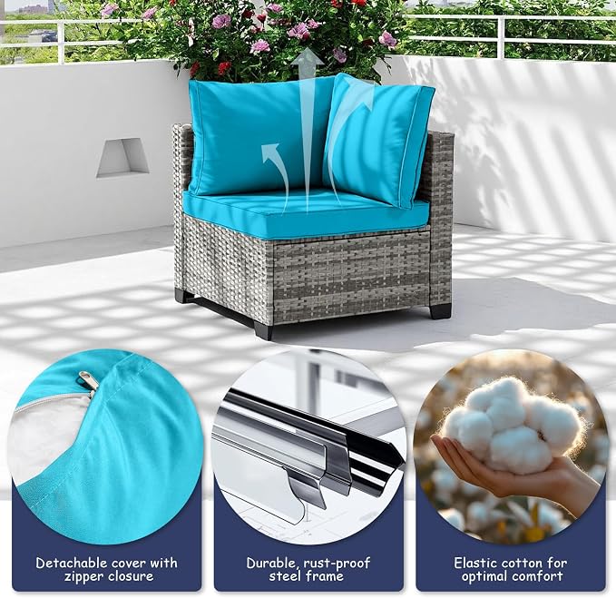 5-Piece Outdoor Patio Furniture Set, Gray PE Rattan Sectional Sofa with Turquoise Cushions and Steel Frame, Coffee Table Included, Modular Outdoor Conversation Set for Patio Garden Poolside