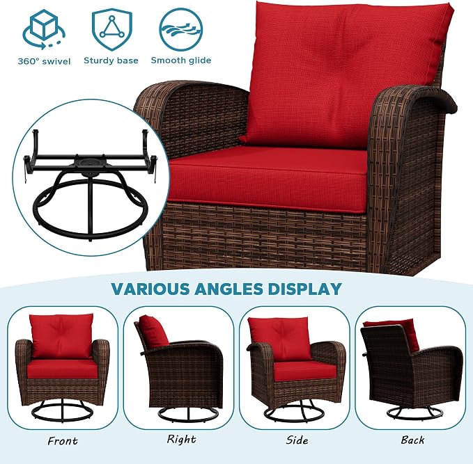 3 Pieces Conversation Furniture Set of Patio Swivel Rocking Chairs and End Table, Wicker Rattan Outdoor Set with Washable Cushions for Backyard, Poolside, Sunroom (Red)