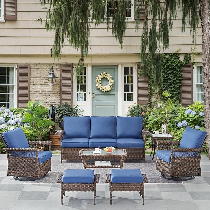 Patio Furniture Set 2 Wicker Swivel Glider Chairs 2 PE Rattan Ottomans with Blue Cushions Patio PE Rattan Sofa Coffee Table Brown Wicker Patio Conversation Set 6pcs for Patio