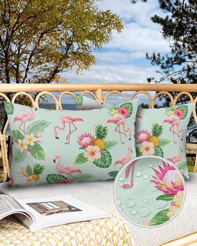 Outdoor Waterproof Throw Pillows 12x20in, Summer Flamingos Tropical Leaf Patio Pillows Pack of 2, Decorative Pillow Covers with Insert, Pillow Cushion Case for Garden Couch Sofa Pink Flower Pineapple