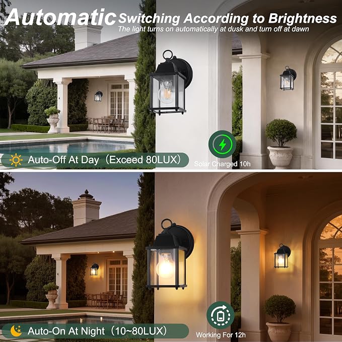 Dawn to Dusk Sensor Outdoor Wall Light Fixtures Waterproof Porch Lights Anti-Rust Black Exterior Lighting Fixtures Outdoor Wall Lantern for House