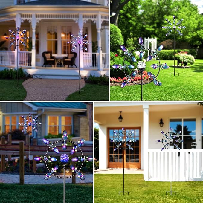 Large Peacock Solar Wind Spinner Outdoor - Metal Kinetic Sculptures with Color-Changing Glass Ball, Dual Direction Spinning Garden Art Decor, Waterproof Lighted Windmills for Patio, Yard, Lawn