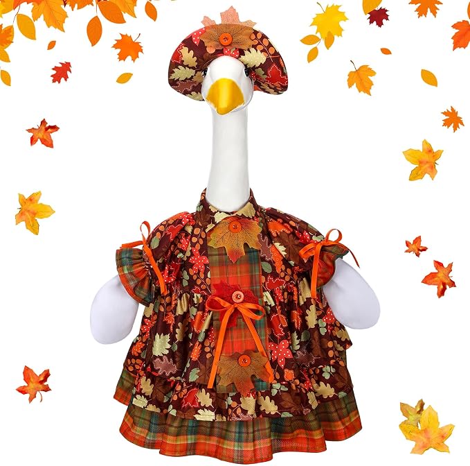 Suzile Fall Maple Porch Goose Outfit Autumn Goose Clothes for 23 Inch Cement or Plastic Geese Costume for Yard Lawn Outdoor Garden Patio Concrete Duck Statue Dress Thanksgiving Party Holiday Decor