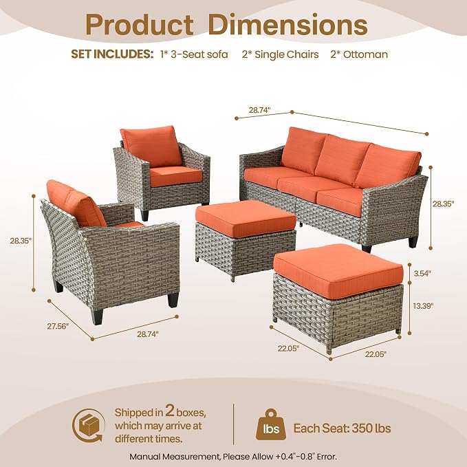 CAODOC 5 Pcs Patio Conversation Set for 7 Seats, Rattan Wicker Outdoor Patio Furniture Set, 2 x Single Chair, 2 x Ottoman, 3-Seat Sofa for Lawn Garden Backyard(Red)