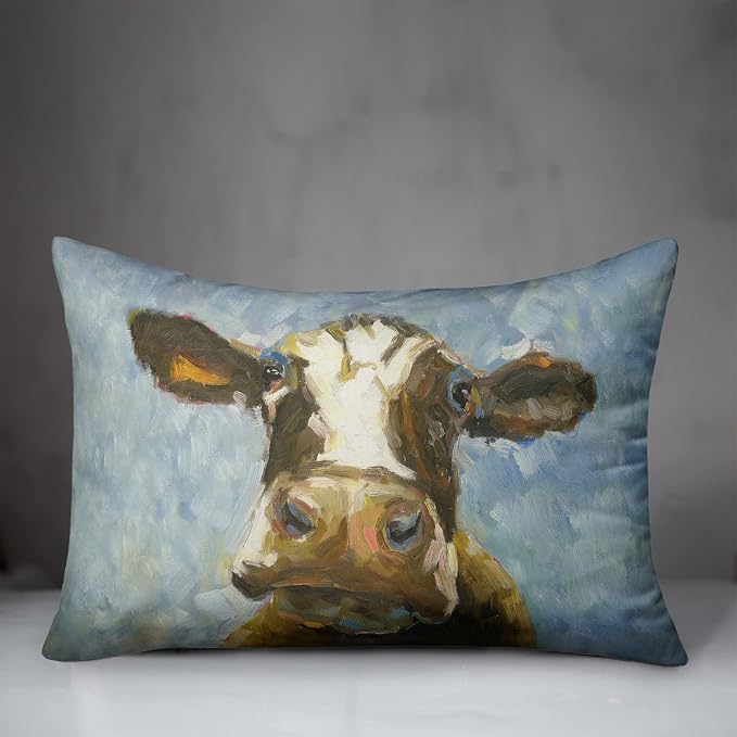 Blue Painted Cow Indoor/Outdoor Pillow | Decorative Pillows for Living Room Couch Bed Sofa Patio, Fluffy Soft Cushion | Water Resistant Multi, 14x20