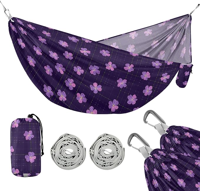 Camping Hammock Outdoor Hammocks for Outside Purple Hibiscus Flower Beach Trees Portable Lightweight with Pockets Tree Straps Indoor