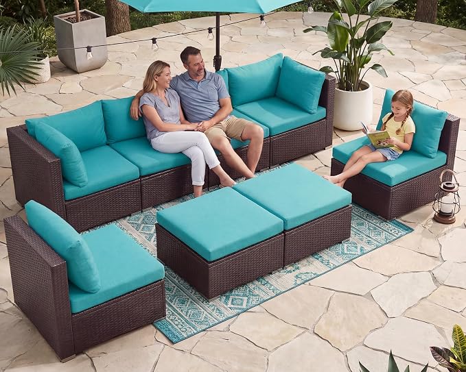 NICESOUL 8 Piece Outside Furniture Set, 29.3'' High Back Deep Seating Wicker Patio Modular Sectionals, Oversized Modern Comfy Conversation Sets for Backyard, Brown Rattan and Teal Cushion