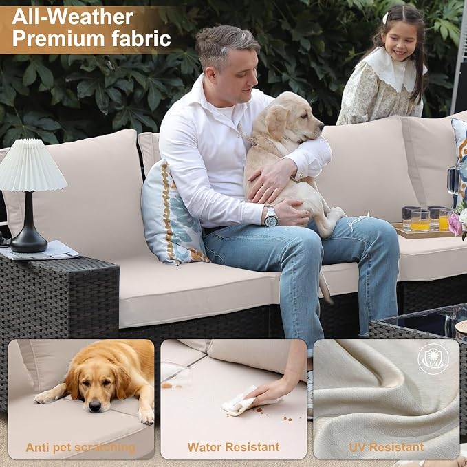 JOYURE 7 Pieces Patio Furniture Set, Outdoor Sofa with Waterproof Cushions&Ottoman, Rattan L Shaped Patio Couch & Coffee Table, Modern Outdoor Furniture for Backyard, Deck, Balcony – Beige