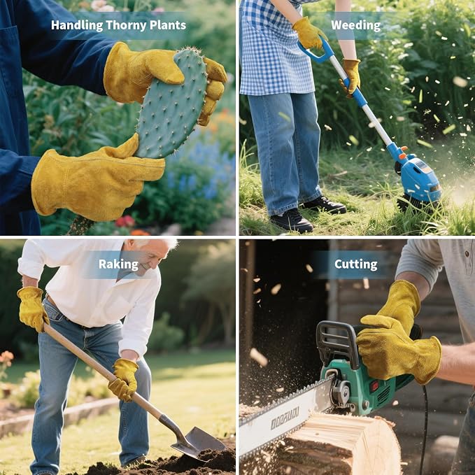 Leather Gardening Gloves for Men Women: Thorn Proof Cowhide Work Gloves | Garden Gloves for Yard Work, Reinforced Palm, Puncture Resistant, Breathable, for Rose Pruning, Heavy Duty, Construction
