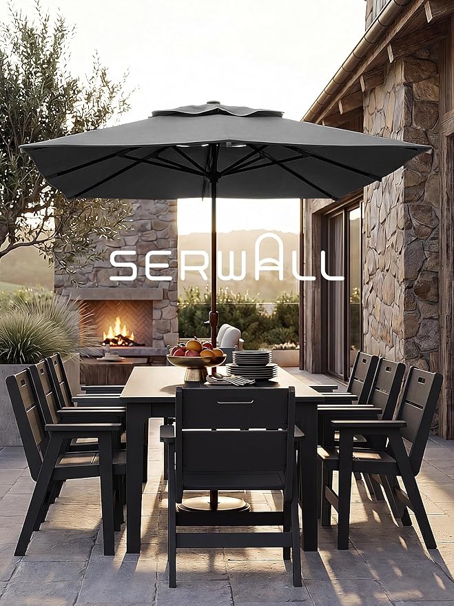 SERWALL 76" Outdoor Dining Set for 8, All Weather Dining Furniture, Black | Include 1 HDPE Dining Table with 8 Chairs & 1 Umbrella (Base Excluded), Heavy Duty Outdoor Furniture for Backyard Garden