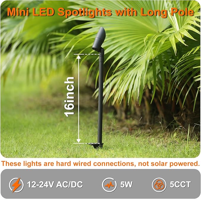Mini LED Landscape Spotlights, 16'' Tall Pole, 5CCT 5W 12 Volt Wired Low Voltage Bronze Landscape Small Spot Lights for Outdoor Tree Flag House Pathway Driveway, 60° Beam Angle, 6PK
