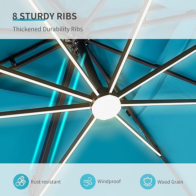 JZAC & QZYD 9x12 FT Outdoor Cantilever Patio Umbrella with LED Lights, Large Heavy Duty 2-Tier Aluminum Offset Umbrellas with 360-Degree Rotation for Pool Deck, Turquoise