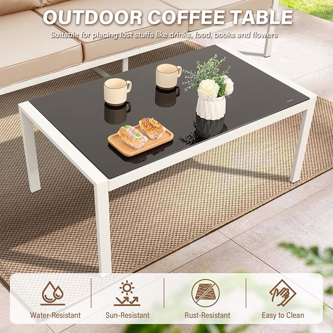Oasishine 4-Piece Aluminum Patio Furniture Set White Outdoor Metal Frame Sofa Set with High Backrest Seating Glass Coffee Table All-Weather with Non-Slip Cushions and Waterproof Covers, Khaki