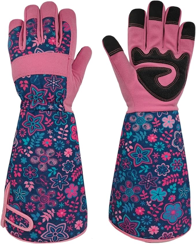Thornproof Rose&Cactus Gardening Gloves,Gauntlet Garden Glove,Gifts | Canvas,Cute Floral Pattern,Leather Palm,Touchscreen,Durable Material,Garden Gift,Men&Women,Machine Washable,Adjustable Cuff