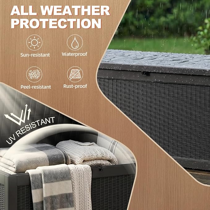 EFU Outdoor Storage Box 320 Gallon Deck Box (Indoor & Outdoor) Lockable UV Resistance Waterproof Resin Storage Bin Storage Box for Outdoor,Patio Storage With Support Rod(Black)