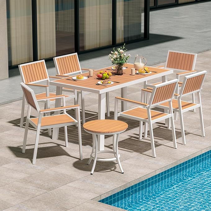 8-Piece Patio Dining Set, Outdoor Weather-Resistant Plastic-Wood Table & 6 Stackable Chairs, Outdoor Durable Aluminum Frame Furniture for Garden, Poolside, Backyard, White