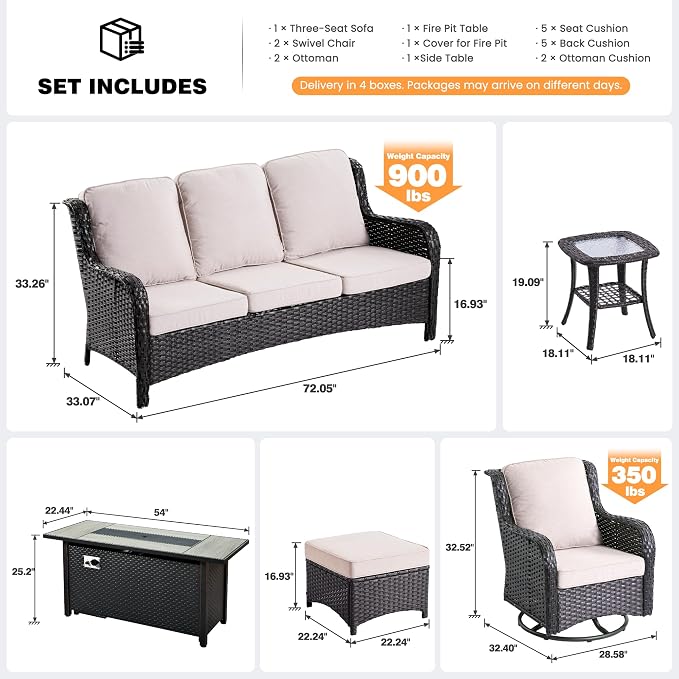 ovios 7-Piece Patio Furniture Set with Swivel Chairs Side Table, Outdoor Wicker Sofa with 54" Fire Pit Table, High Back Couch Modern Conversation Sets, Brown/Beige