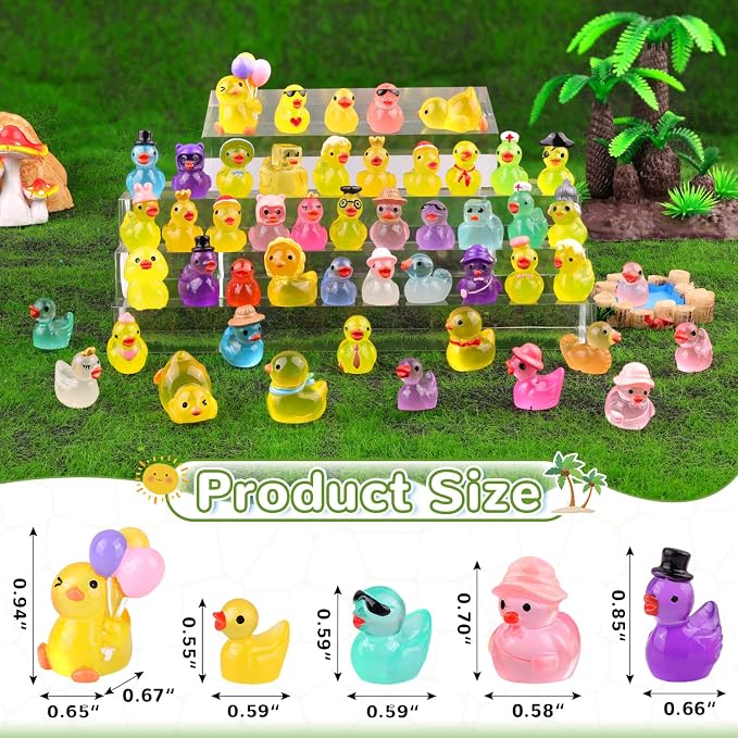 TINKRSTUFF 50PCS Mini Resin Animals Assorted Styles Tiny Ducks Glow in Dark,Miniature Duck Figures to Hide,Little Animal Bulk for Topper Desk Garden Landscape Aquarium DIY Crafts & Decor