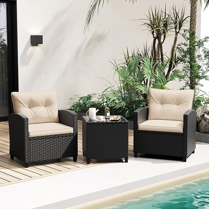 Tangkula 3 Piece Patio Furniture Set, Rattan Conversation Set w/Soft Seat & Back Cushions, Tempered Glass Topped Coffee Table, Cushioned Wicker Seating Set for Backyard, Porch, Poolside (Beige)
