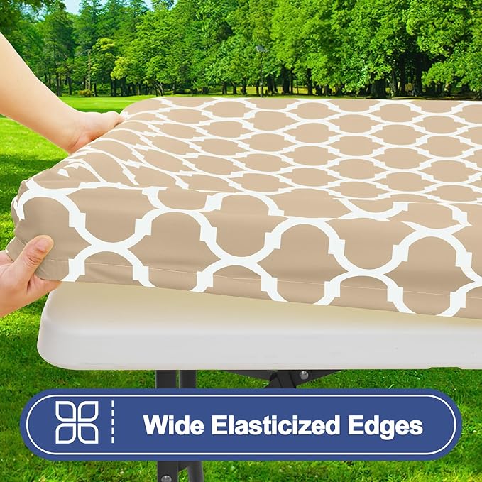 Smiry Picnic Table Cover with Bench Covers, Waterproof Elastic Fitted Tablecloth for 5 Foot Tables, Washable Polyester Tablecloths for Camping, Indoor & Outdoor (Khaki, 30x60 Inch 3-pc Set)