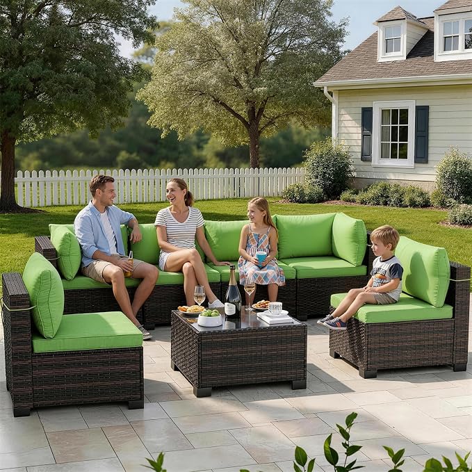 LAFWLL 7 Pieces Outdoor Patio Furniture Sets,Rattan Conversation Sectional Set,Manual Weaving Wicker Patio Sofa with Tea Table