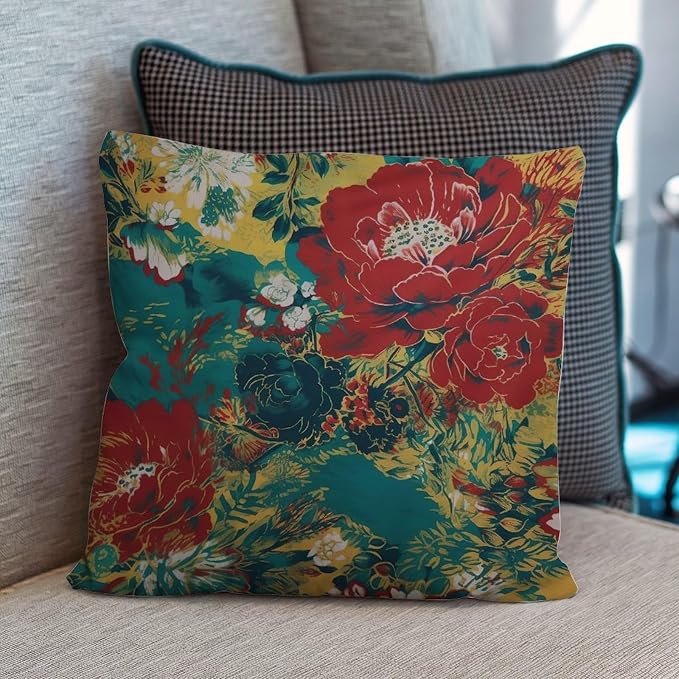 Animal Tiger Stripe Colorful Chinoiserie Pillowcase Peony Floral Asian Cushion Cover 22x22 INModern Accent Farmhouse Decor Pillow for Living Bed Room Patio Home