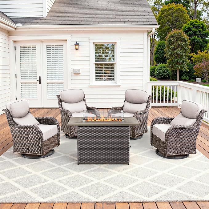 Luxury High Back Patio Furniture Set with Fire Pit Table & 6-Inch Thick Cushions, 5-Pieces Outdoor Furniture w/ 4 Swivel Chairs, Wicker Conversation Set for Porch, Balcony, Deck and Yard, Brown/Beige
