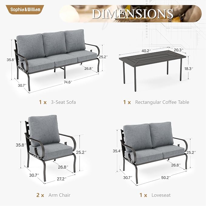 Sophia & William Patio Conversation Set for 7, 1 Loveseat, 3-Seater Sofa, 2 Fixed Chairs and 1 Coffee Table, Metal Outdoor Furniture with 5.75" Extra Thick Cushions, Grey