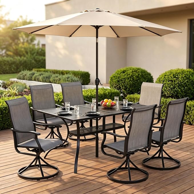 Crownland 7 Piece Furniture Patio Dining Set with Champagne Umbrella, 6 Swivel Metal Chairs and Rectangular Outdoor Dining Table, Outdoor Furniture Dining Set for Lawn, Backyard, Garden(Grey)