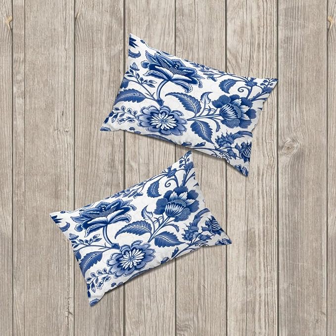 Set of 2 Blue and Ivory Indigo Floral Pillow Cases 12x18in Cushion Covers Farmhouse Pillows Covers for Couch Living Room Office Soft Rectangle Accent Pillowcase for Kids