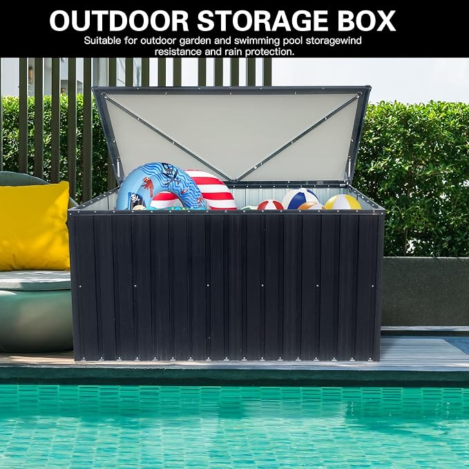 215 Gallon Outdoor Storage Box, Metal Deck Box with Waterproof UV-Resistant and Hydraulic Rod Design for Poolside, Patio, Backyard (Medium)