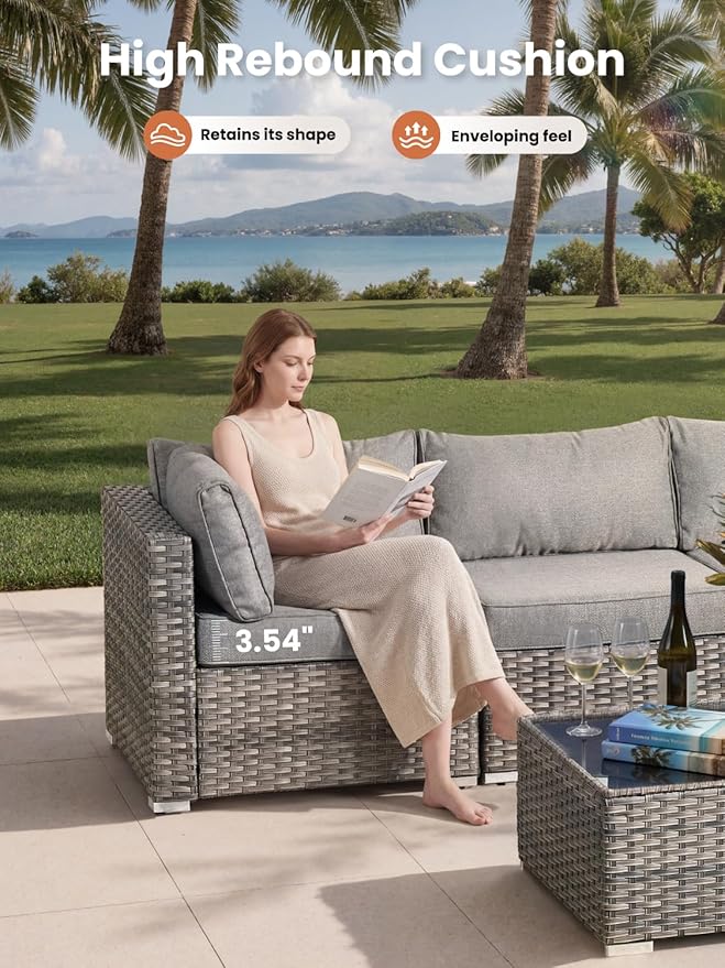 ovios Outdoor 5 Piece Coversation Set with Coffee Table,Sectional Patio Furniture Set with All-Weather Wicker Sofa,Modern Outside Couch for Balcony Backyard Pool, Dark Grey