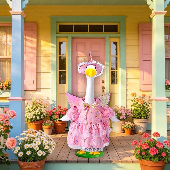 Pink Unicorn Porch Goose Outfits for 23 Inch Lawn Statue, Dress with Wings Hat Colorful Horn Set, Garden Party Birthday Outdoor Decoration, Costume for Plastic Cement Goose
