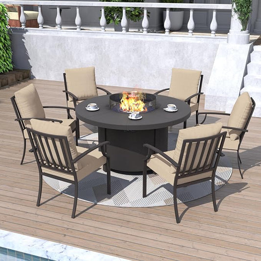 Kurapika 7 Piece Metal Outdoor Patio Furniture Set with 48" Round Fire Pit Table, Patio Conversation Sets 6 Fixed Chairs with Thick Cushion, Sand