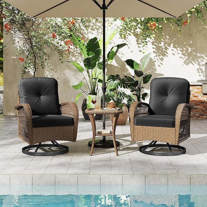 HAPPYGRILL 3 Pieces Outdoor Rattan Swivel Rocker Chairs Set with Tempered Glass Side Table, Outside Sectional Patio Conversation Furniture Set with Swivel Rocking Chairs for Deck Porch Garden (Black)