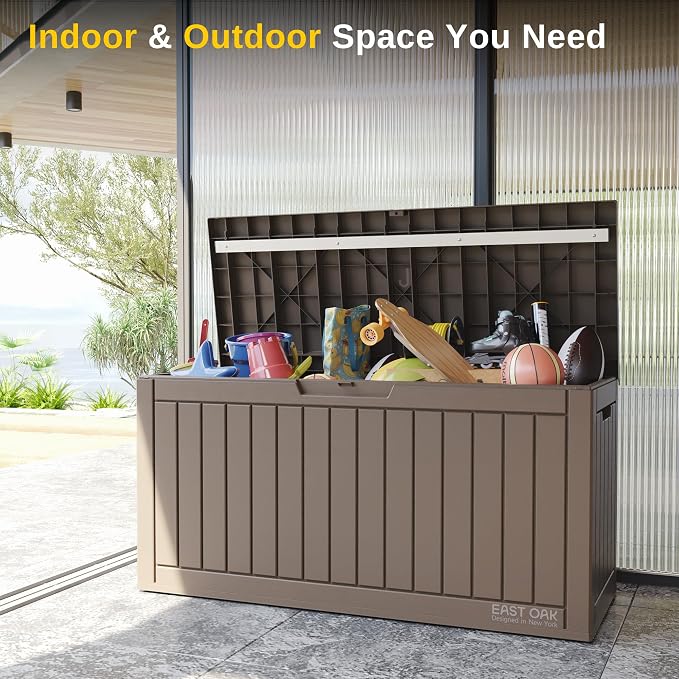 EAST OAK Outdoor Storage Box, 60 Gallon Deck Box Indoor and Outdoor Use, Waterproof Resin Storage Bin for Patio Cushions, Gardening Tools, Lockable, UV Resistant, Brown