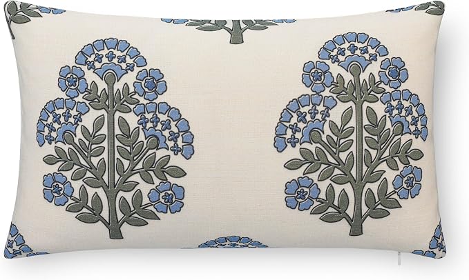 California Casual Coastal Indoor Outdoor Lumbar Pillow Cover, 12"x20" Water Repellent for Patio, Backyard, Couch, Poolside, Green Light Blue Block Print Hydrangea Flowers