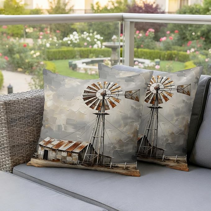 Gray Rustic Windmill Outdoor Pillow Covers 16"x16" Set of 2, Farmhouse Country Barn Oil Painting Waterproof Throw Pillow Covers for Patio Furniture, Decorative Cushion Covers for Porch