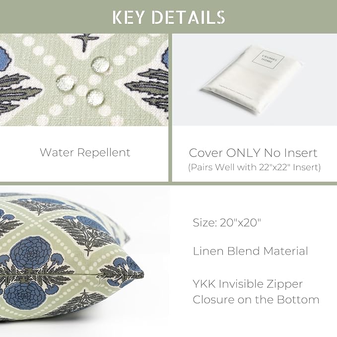 California Casual Coastal Indoor Outdoor Throw Pillow Cover, 20"x20" Water Repellent for Patio, Backyard, Couch, Azure Light Green Block Print Vintage Hydrangea Flowers