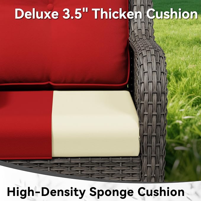 Outdoor Rocking Chair, Wicker Patio Chair with Thickened Olefin Cushions, High Back and Deep Seating, Hand-Woven PE Rattan for Porch, Deck, Balcony, Red