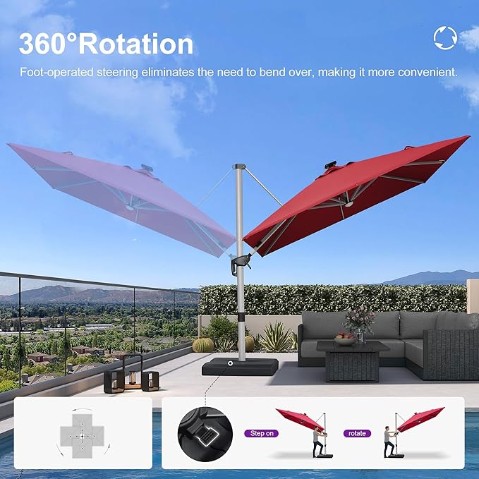 PURPLE LEAF Patio Umbrella with base 9' X 12' Outdoor Rectangle Cantilever Umbrella Solar Powered LED with 360-degree Rotation for Garden Deck Pool Patio, Terra