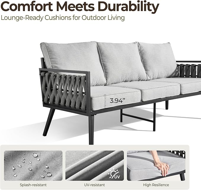 Outdoor Patio Furniture Set, 6-Piece Metal Conversation Furniture Sofa with Coffee Table, All Weather Patio Couch Sofa with Thick Cushions for Balcony Backyard,Light Grey