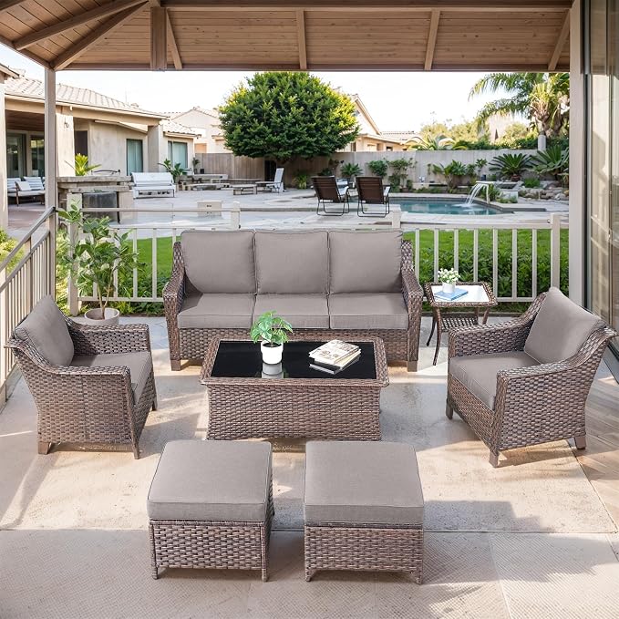 Patio Furniture Set-7 Pieces Outdoor All-Weather Wicker Conversation Set Outdoor Rattan Sofa Couch with Patio Chairs Ottomans for Porch Garden Backyard Poolside-Brown/Grey