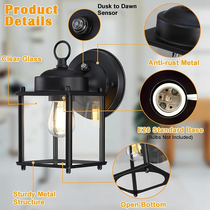Outdoor Wall Light, Porch Lamp, Dusk to Dawn, Black | Exterior Wall Sconce Fixture for House, Garage, Patio, Rustproof Waterproof, Metal Housing with Glass, E26 Base, 2 Pack