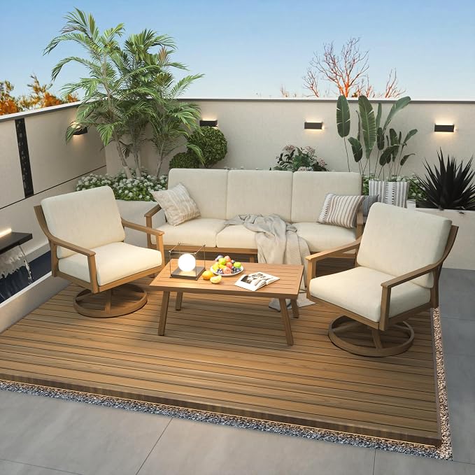HAPPATIO 4-Piece Outdoor Patio Furniture Set for 5, Aluminum Outdoor Conversation Set Includes 1 Three-Seater Sofa, 2 Swivel Chairs, and 1 Coffee Table, Perfect for Porch, Deck, Garden, (Beige)
