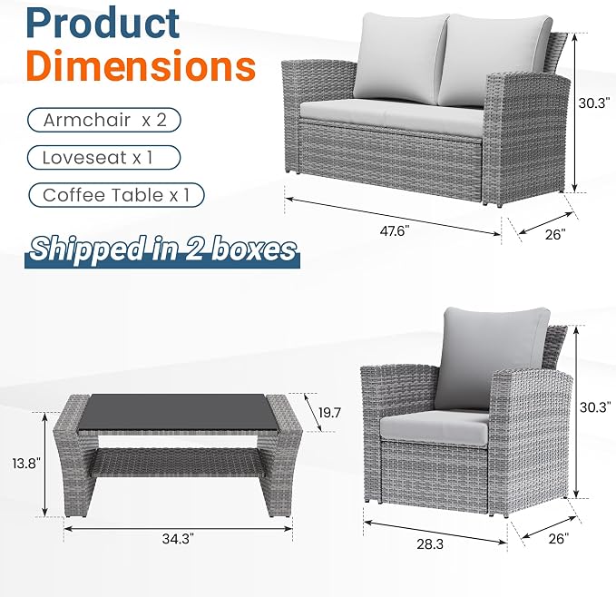 Wisteria Lane Patio Furniture Set, Wicker Outside Outdoor Furniture for All Weather, Patio Sofa with High Backrest Support and Wide Armrest for Backyard, Balcony, Deck, Porch, Light Gray