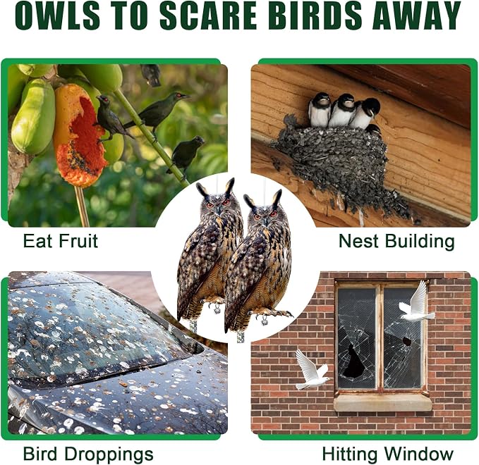 Owls to Keep Birds Away: 2Pack Fake Owl with Reflective Tape for Vineyard Garden Patio Pool, Reflective Hanging Decoration to Keep Birds Pigeon from Windows Tree Orchard