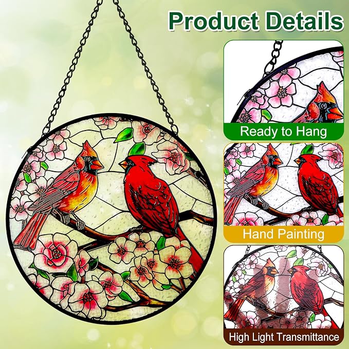 Remiawy Cardinal Stained Glass Window Hanging, 10 Inch Sun Catcher Glass Panel with Metal Chain and Hooks Suncatcher Indoor Window Wall Art Home Decor Gift for Bird Lovers Women Mother's Day Christmas